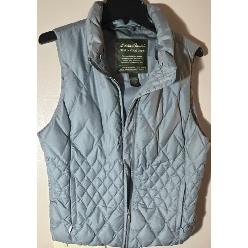 EDDIE BAUER PREMIUM GOOSE DOWN WOMEN'S QUILTED VEST L LIGHT BLUE, COLLARED Large